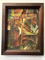 Full view of the framed cubist oil painting depicting foxes, showing the overall condition and style.