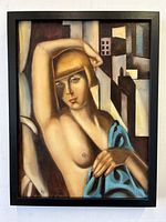 Front view of Tamara De Lempicka style nude female oil painting on board in black frame