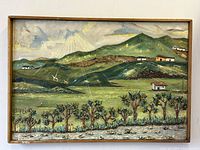 Frontal view of the oil painting showing the mountain landscape with hills, buildings, and trees signed Edison Lord R