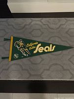 Full view of green felt California Golden Seals hockey pennant showing player illustration, team name, and tip with streamers.