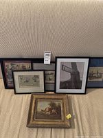 Lot of five small framed artworks including vintage rugby print, comic strip, Franklin St. photo, farm animal print, and another art print.