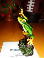 Front view of green ceramic frog gripping branch on leafy base