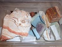 Overall view of first container with assorted specimens including large banded stone, petrified wood block and amethyst