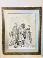 Framed black and white pen and ink drawing depicting three figures with intricate patterned dresses, surrounded by decorative swirls, in ornate gold frame.
