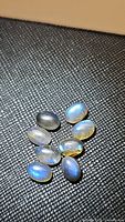 Eight natural oval labradorite cabochons with visible blue iridescence on a textured black background.