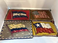Four vintage textile flags for decorative use, including Argentina, United States, Ecuador, and Chile. Each flag has a decorative border and country's name.