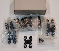 Overview of 12 vintage cast iron cabinet hinges in individual plastic bags alongside a mounting screw set and box.
