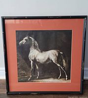 Framed print showing full view of the horse, coral-colored mat around print, black frame.