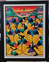Framed colorful Haitian oil painting showing figures in yellow clothing with tropical coastal background and artist signature