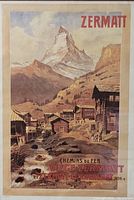 Vintage Zermatt travel poster showing a scenic mountain village with Matterhorn in background, in color, close-up view.