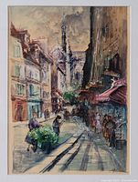 Photo of vintage signed painting depicting a Paris street scene with buildings, people, and a flower cart. Signed A. Mayrand in bottom right corner.