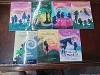 Seven Disney Never Girls hardcover books laid out on table, showing colorful illustrated covers with silhouettes of four girls in a fairy world.