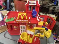 Front view of McDonald's drive thru restaurant playset with car and Grimace figure visible.