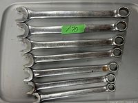 Photo shows six combination wrenches with "Professional Series" branding and sizes stamped on them, arranged in descending order by size.