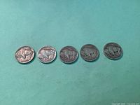 Front view of five Buffalo nickels showing the American bison design on the reverse side on a green background.