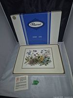 Original box with one placemat displayed on top showing floral artwork and Pimpernel branding on box