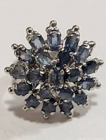 Front view showing the cluster design of blue sapphire stones on silver ring.