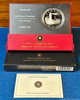 Photo of the Royal Canadian Mint 2005 Toronto Island Lighthouse fine silver coin displayed in a red and black presentation case with the certificate card visible.