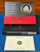 Front view of 2005 Royal Canadian Mint Tall Ships series fine silver coin in original sealed packaging with certificate.