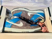 Nike Dunk Low Pro SB sneakers in aqua and chalk colorway inside original box, showing profile and top views, includes pink extra laces.