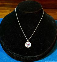 Photo of the sterling silver chain displayed on a black jewelry holder showing the pendant.