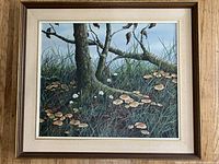 Frontal view of the framed original oil painting showing detailed depiction of tree trunks, mushrooms, and grass.