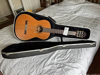 Full view of Alvarez classical guitar inside open hard case, showing natural wood finish on guitar body and plush lined interior of case.