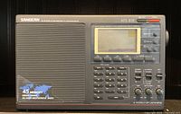Front view of the Sangean ATS 818 all band receiver radio showing speaker, display, buttons, knobs, and branding.