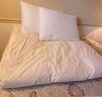 Two white quilted pillows resting on cream/off-white queen duvet on mattress