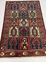 Full view of rug laid flat showing 4 columns by 5 rows of geometric panel motifs