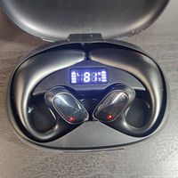 Close-up of black wireless earbuds in open charging case showing LED battery percentage display.