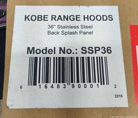 Label on the box showing KOBE RANGE HOODS 36 inch stainless steel back splash panel model SSP36 barcode.
