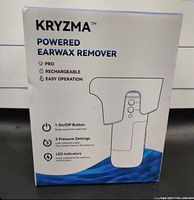Front view of the KRYZMA Powered Earwax Remover box showing product name, features such as rechargeable, easy operation, one on/off button, 3 pressure settings and LED indicators.