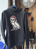 Front view of black sweatshirt hoodie showing owl with Santa hat graphic.