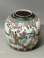 Side view of the Chinese export ginger jar showing traditional painted figures and colorful patterns.