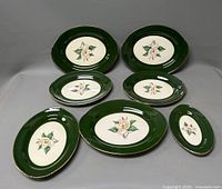 Photo of the 7 Homer Laughlin platters laid out showing floral design and green border.