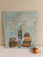 Front view of the oil painting showing the young woman with suitcases and the world map background