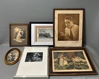 Group photo showing all six framed items arranged on floor against wall for size and condition assessment.
