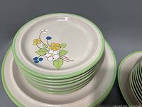 Stack of plates showing floral design with yellow, blue, and white flowers, green leaves, green rim edging
