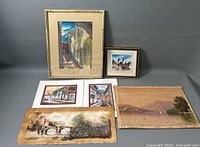 Group photo of all six watercolor paintings showing size and framing variety.