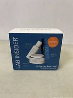 Front view of the Lab Insider 45-Day Face Boot Camp box showing product branding, clinical treatment claims, and content overview.