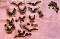 Full view of 18 metal motorbike badges and pin backs arranged on pink fabric, showing eagle motifs and brand names including Honda, Kawasaki