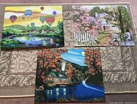 Three colorful unframed paint-by-numbers paintings showing a hot air balloon scene, a Victorian house with a white fence and blooming trees, and a lake cottage scene with autumn foliage and a river waterfall.