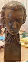 Front view of the Mozart bust showing detailed face and inscribed base.