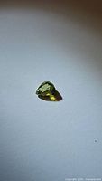 Natural pear cut tourmaline gemstone with chartreuse yellow color, photographed on white surface with natural lighting.