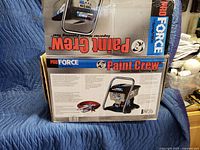 Original product box showing Pro Force Paint Crew Spray Tech paint sprayer model PF20 with product image and key features.