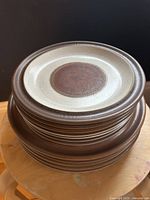 Stack of 12 Denby plates showing the varying sizes and layered design with dark rust red center circles and brown rims