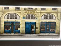 Close view of the serigraph depicting storefronts labeled 'Creperie des Arts' and 'les caves du ballot bordelais' with detailed architectural and street details.