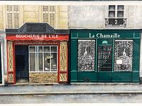 Close up showing detailed serigraph with 'Boucherie de L'Ile' and 'La Chamaille' storefronts with signature and edition number.