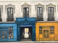 Close-up image of the serigraph showing a street scene with detailed colored storefronts and windows above, central passage labeled 'Galerie de la Madeleine'.